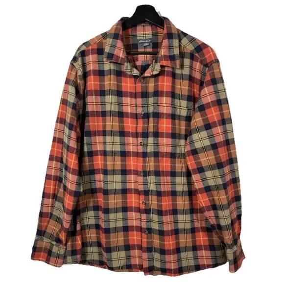 Eddie Bauer Mens Flannel Shirt XXL Orange Bristol Harvest Plaid Button Up Cotton - Picture 3 of 14
